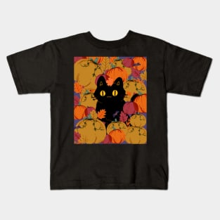 Cat in pumpkin field Kids T-Shirt